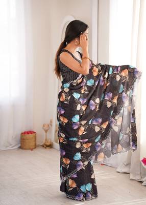 black silk blend digital printed saree with swarovski diamond work & blouse piece 2