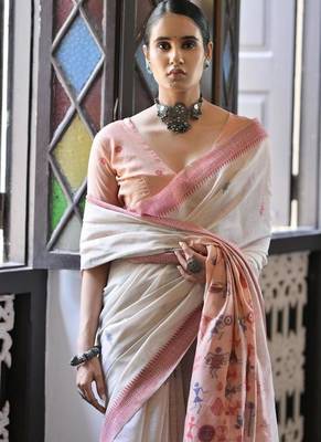 White & maroon color muga cotton warli weaving pallu-border saree 3