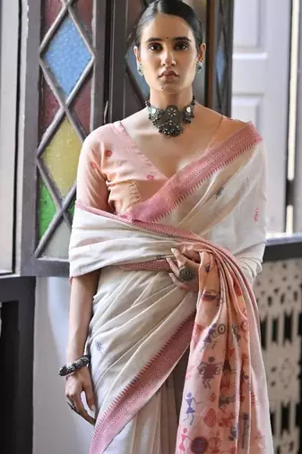 White & maroon color muga cotton warli weaving pallu-border saree