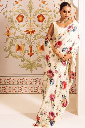 Cream original japan devsena satin saree japan satin digital print blouse