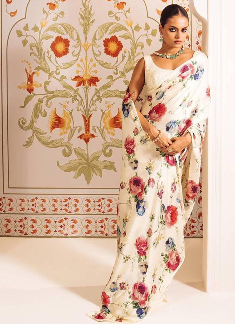 Cream original japan devsena satin saree japan satin digital print blouse