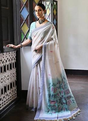 White & navy blue color muga cotton warli weaving pallu-border saree 1