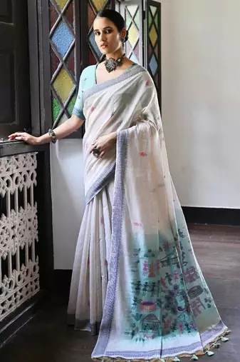 White & navy blue color muga cotton warli weaving pallu-border saree