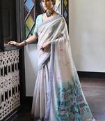 White & navy blue color muga cotton warli weaving pallu-border saree