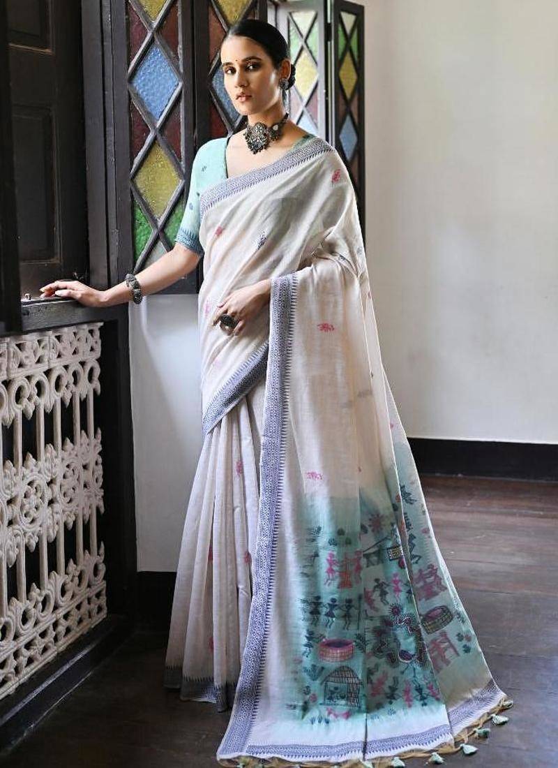 White & navy blue color muga cotton warli weaving pallu-border saree