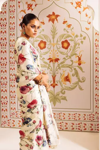 Cream original japan satin saree with digital print blouse