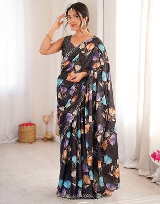 black silk blend digital printed saree with swarovski diamond work & blouse piece 3