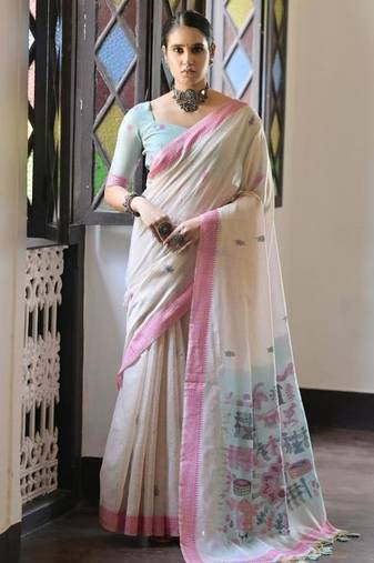 White & pink color muga cotton warli weaving pallu-border saree
