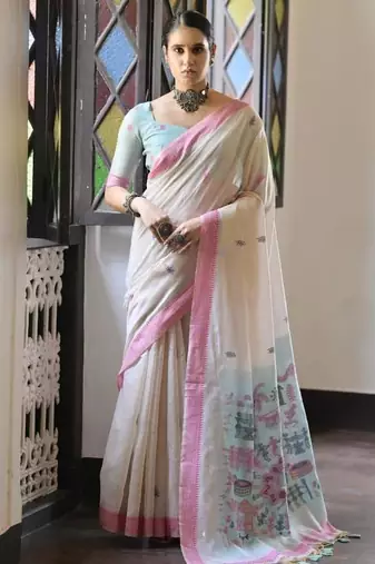 White & pink color muga cotton warli weaving pallu-border saree