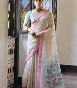 White & pink color muga cotton warli weaving pallu-border saree