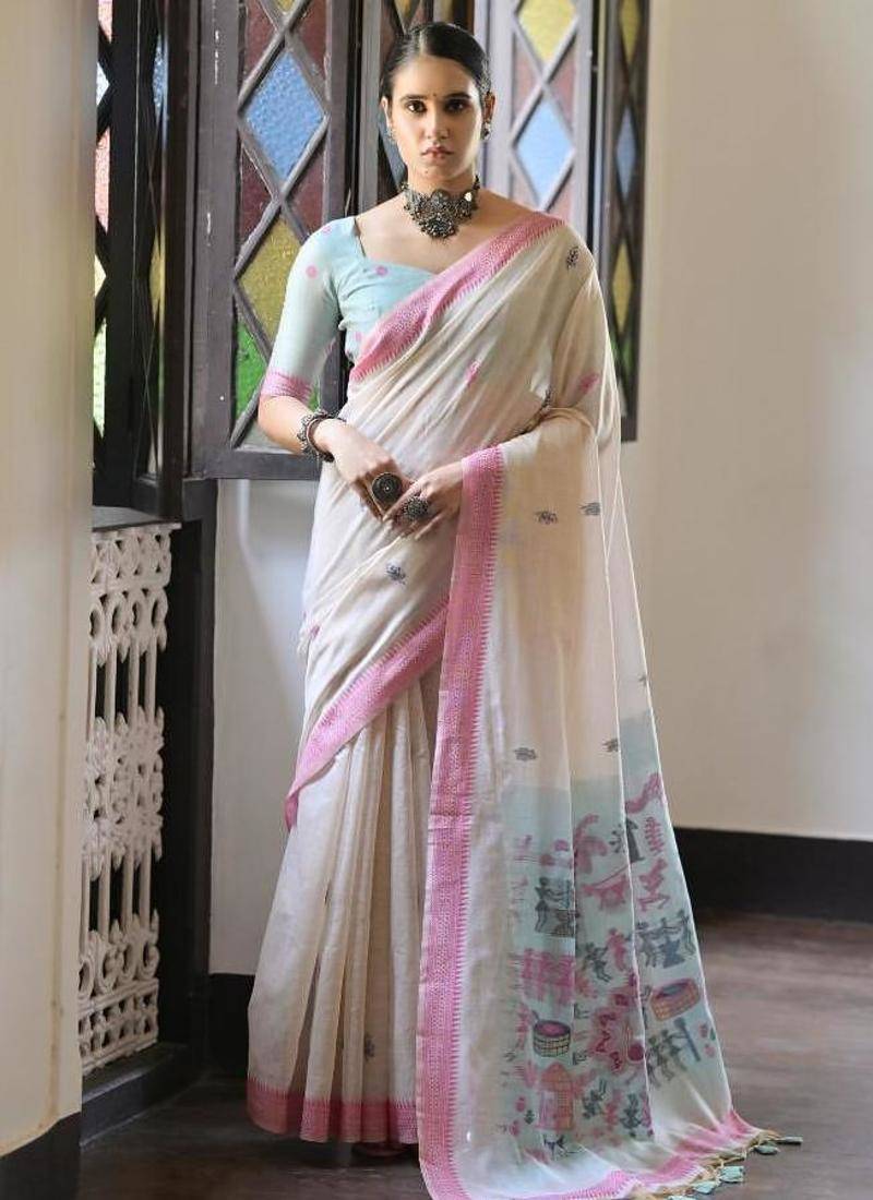 White & pink color muga cotton warli weaving pallu-border saree