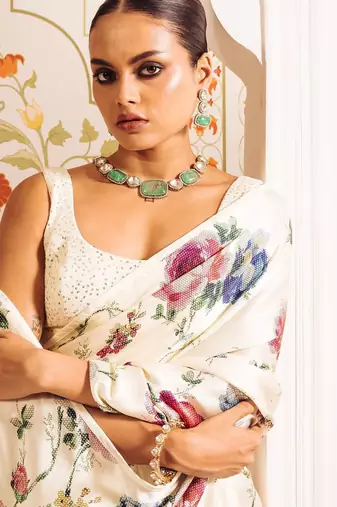 Cream original japan satin saree with digital print blouse