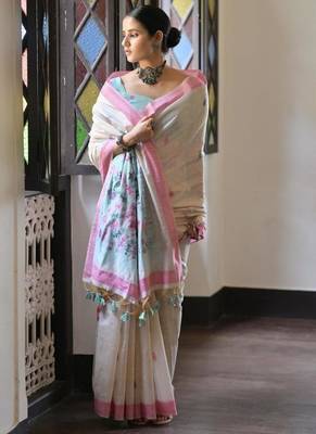 White & pink color muga cotton warli weaving pallu-border saree 2