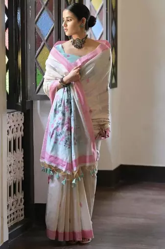 White & pink color muga cotton warli weaving pallu-border saree
