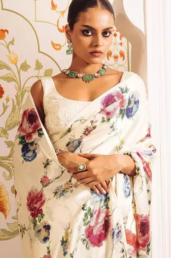 Cream original japan satin saree with digital print blouse