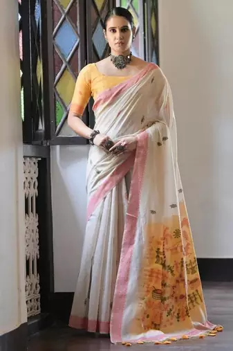 White & red color muga cotton warli weaving pallu-border saree