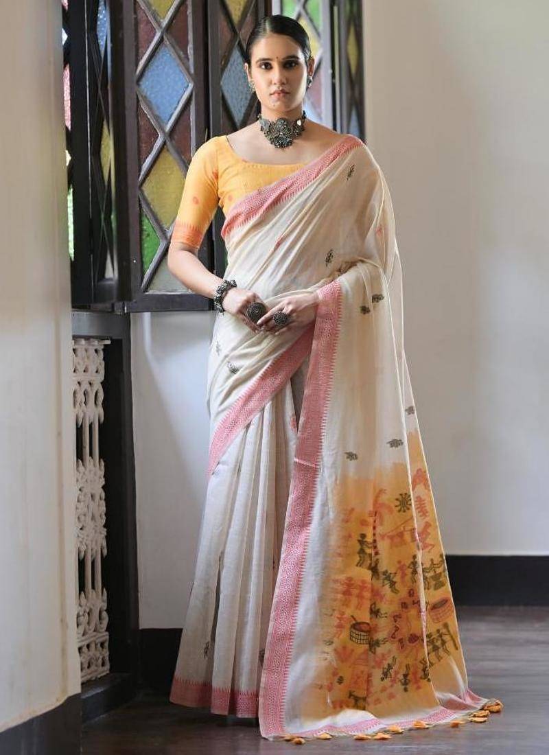 White & red color muga cotton warli weaving pallu-border saree