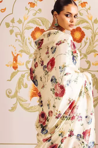 Cream original japan satin saree with digital print blouse