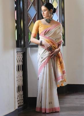 White & red color muga cotton warli weaving pallu-border saree 2