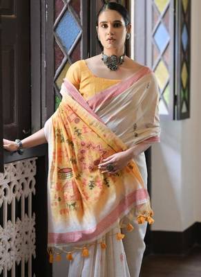 White & red color muga cotton warli weaving pallu-border saree 3