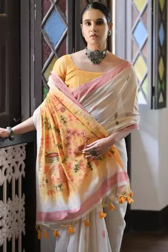 White & red color muga cotton warli weaving pallu-border saree