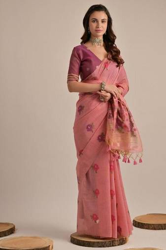 Pink color muga cotton flower concept weaving saree
