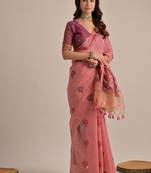 Pink muga cotton flower concept weaving saree