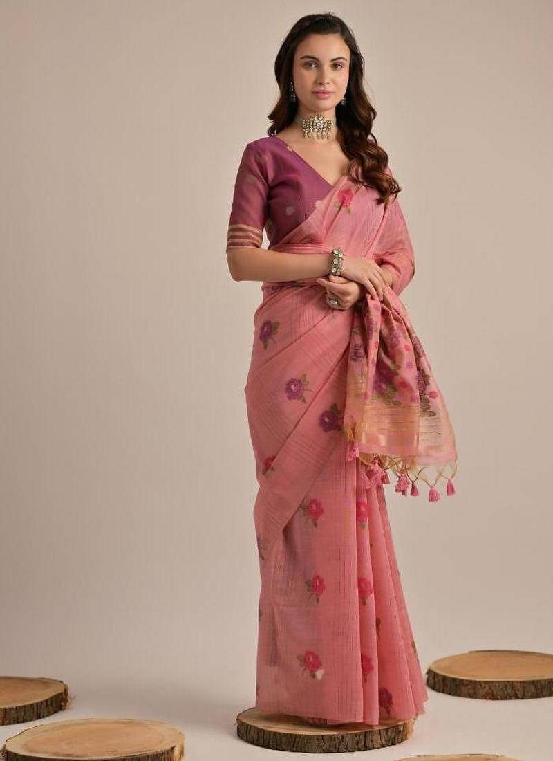 Pink color muga cotton flower concept weaving saree