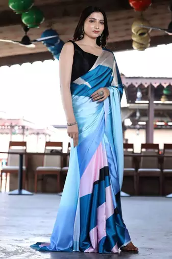 Multicolor original japan satin saree with digital print blouse