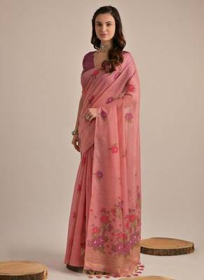 Pink muga cotton flower concept weaving saree 2