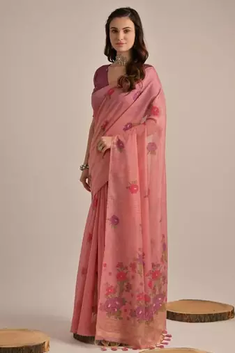 Pink color muga cotton flower concept weaving saree