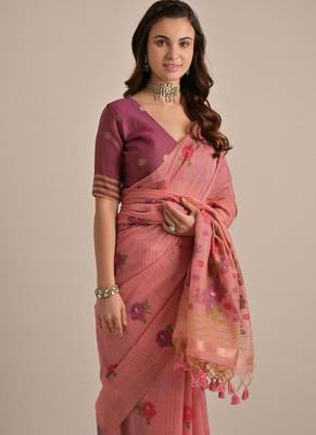 Pink muga cotton flower concept weaving saree 3