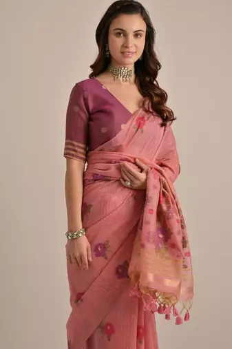 Pink color muga cotton flower concept weaving saree