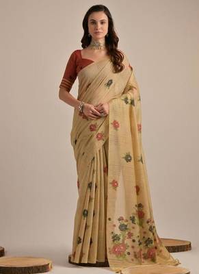 Beige color muga cotton flower concept weaving saree 1