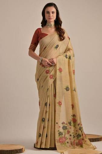 Beige color muga cotton flower concept weaving saree