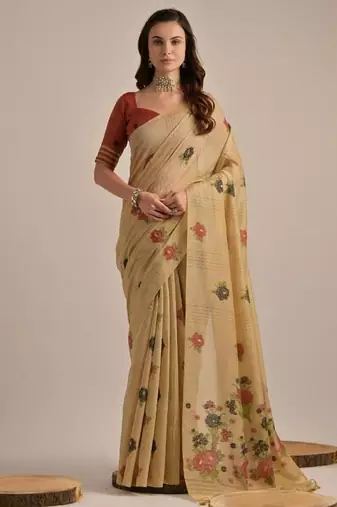 Beige color muga cotton flower concept weaving saree
