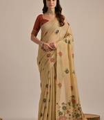 Beige color muga cotton flower concept weaving saree