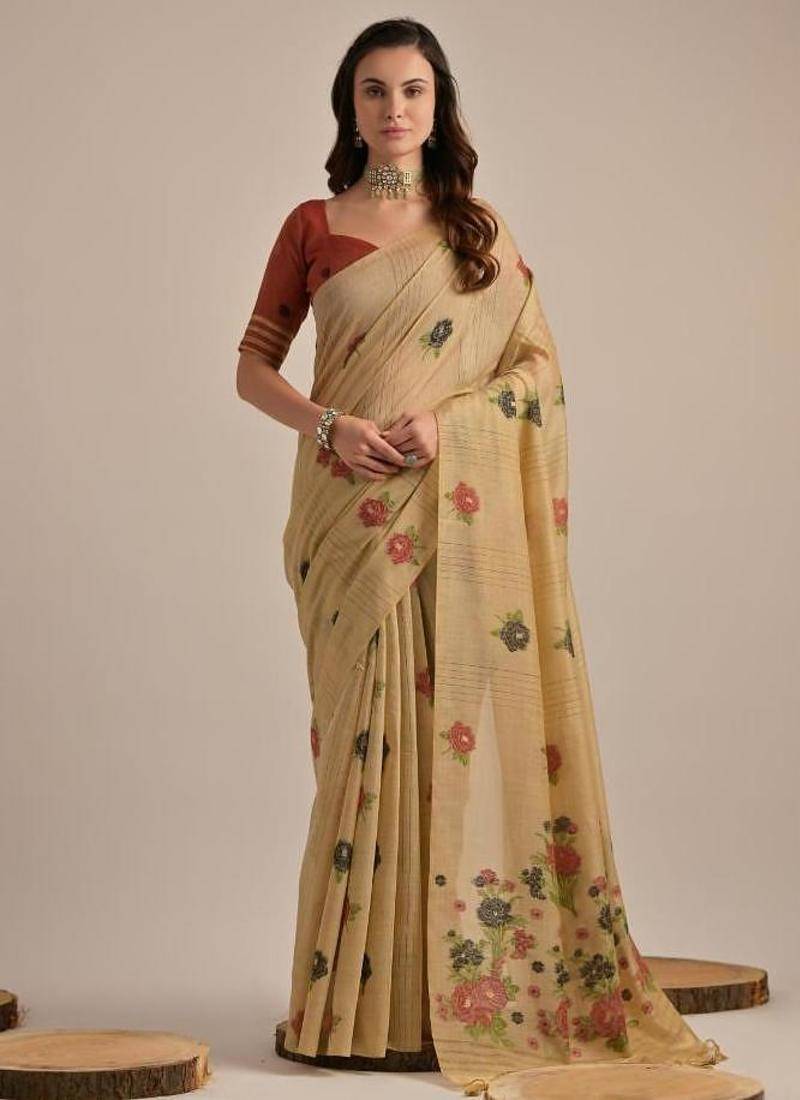 Beige color muga cotton flower concept weaving saree