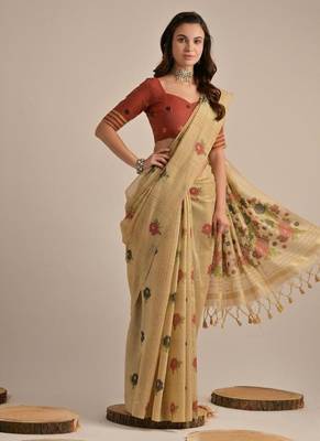 Beige color muga cotton flower concept weaving saree 2
