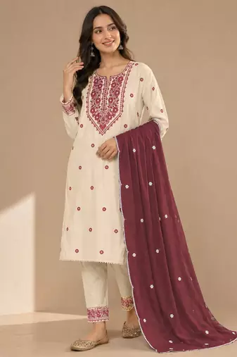 Elegant off-white embroidered kurta set with brown dupatta for women