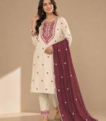 Elegant off-white embroidered kurta set with brown dupatta for women