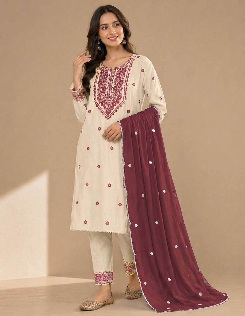 Elegant off-white embroidered kurta set with brown dupatta for women