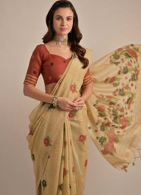 Beige color muga cotton flower concept weaving saree 3