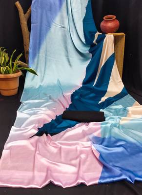 Multicolor original japan satin saree with digital print blouse 5
