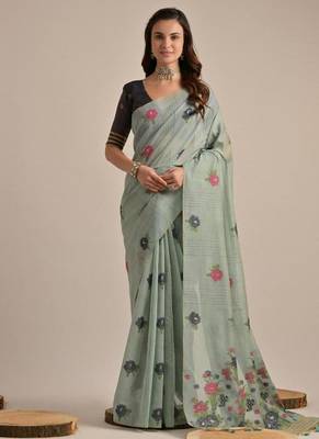 Sky blue color muga cotton flower concept weaving saree 1