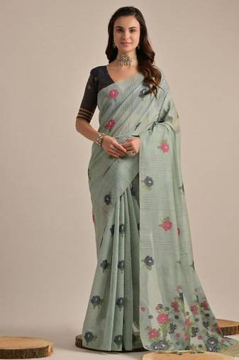 Sky blue color muga cotton flower concept weaving saree