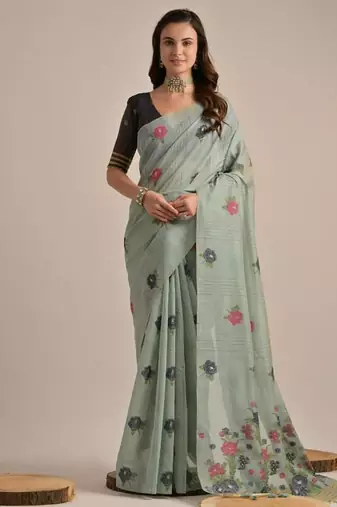 Sky blue color muga cotton flower concept weaving saree