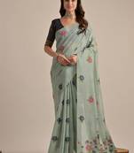 Sky blue color muga cotton flower concept weaving saree