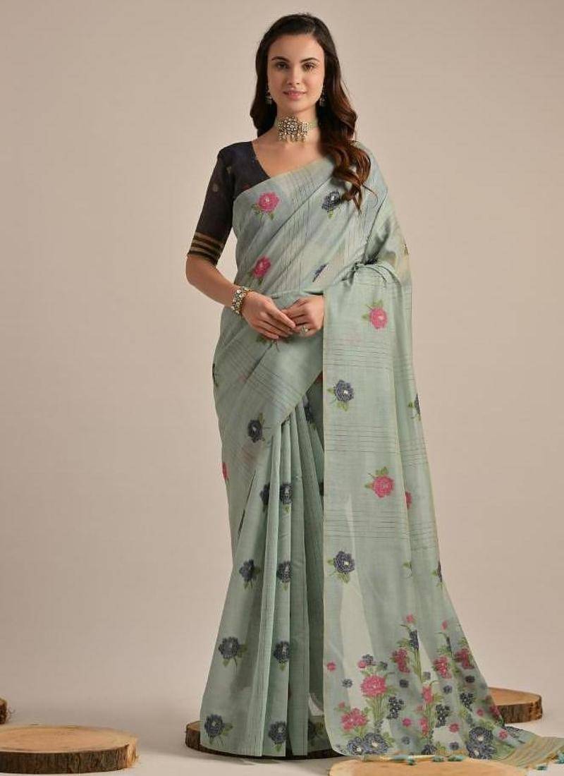 Sky blue color muga cotton flower concept weaving saree