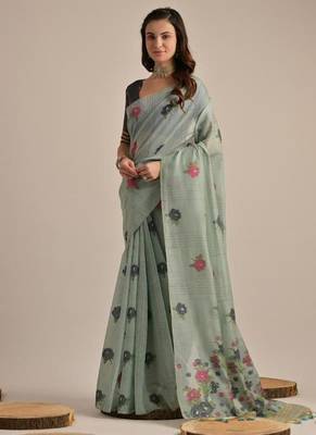 Sky blue color muga cotton flower concept weaving saree 2